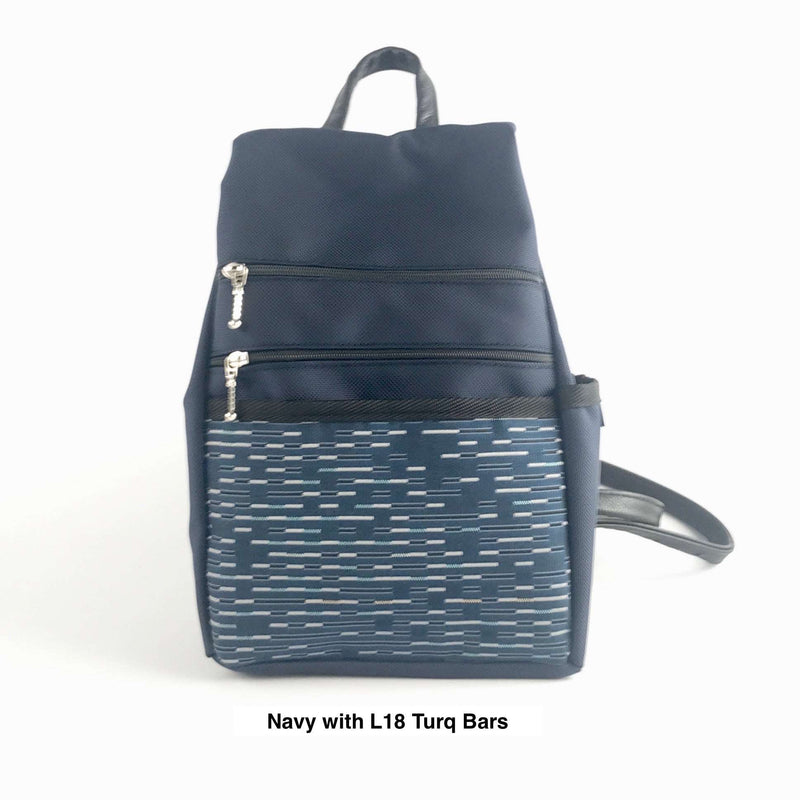 B967-NV SMALL Side Entry Backpack in Navy Nylon with Fabric Accent Pocket