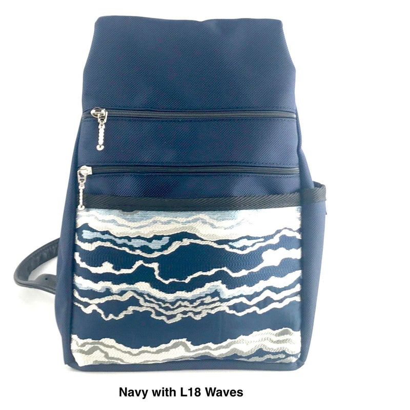 B968-NV Medium Side Entry Backpack in Navy Nylon with Fabric Accent Pocket