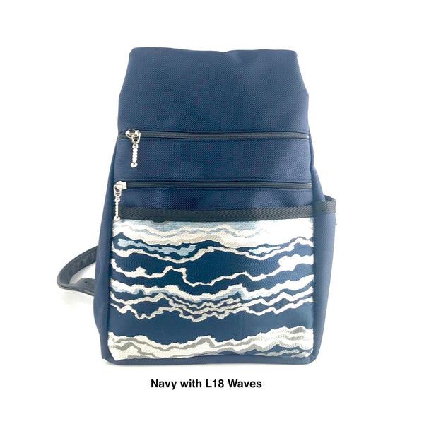 B967-NV SMALL Side Entry Backpack in Navy Nylon with Fabric Accent Pocket