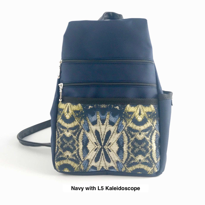 B967-NV SMALL Side Entry Backpack in Navy Nylon with Fabric Accent Pocket