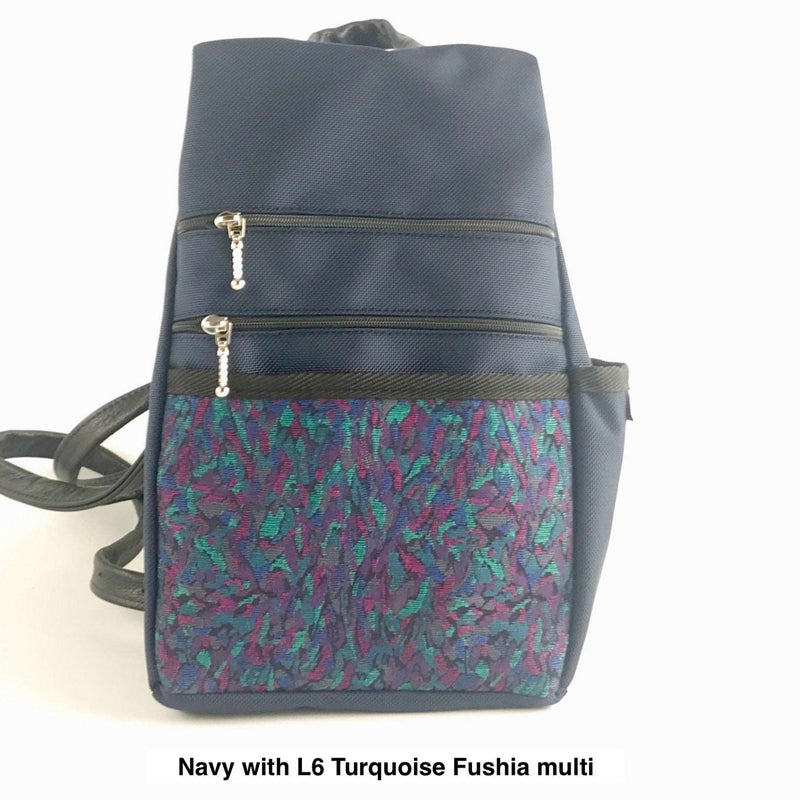 B968-NV Medium Side Entry Backpack in Navy Nylon with Fabric Accent Pocket