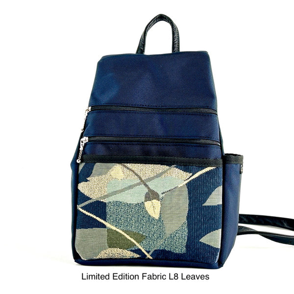 Side Entry Backpack Purses - Water-Resistant Navy Ballistic Nylon-4 Sizes with Fabric Accent Pockets