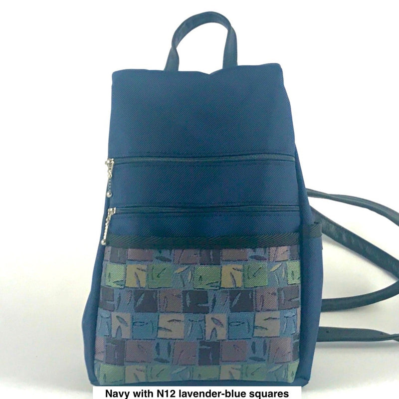 B967-NV SMALL Side Entry Backpack in Navy Nylon with Fabric Accent Pocket