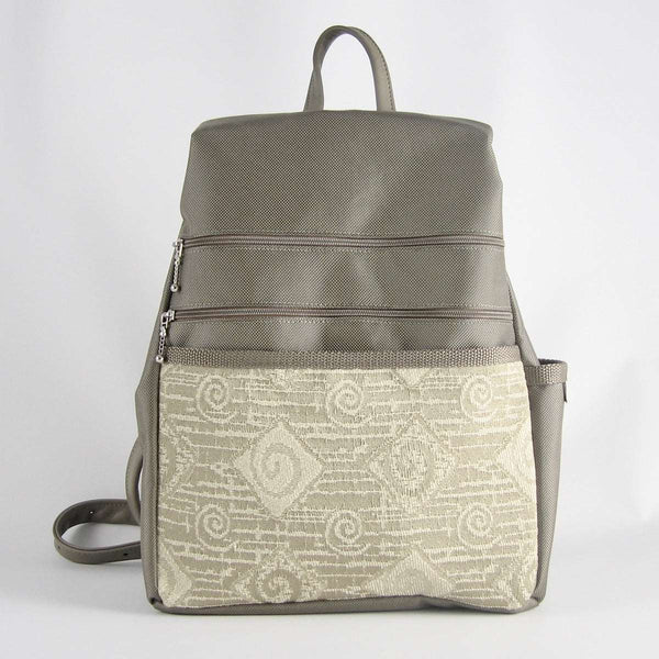 B968-KH Medium Side Entry Backpack in Khaki Beige Nylon with Fabric Accent Pocket