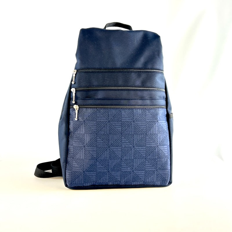 Side Entry Backpack Purses - Water-Resistant Navy Ballistic Nylon-4 Sizes with Fabric Accent Pockets