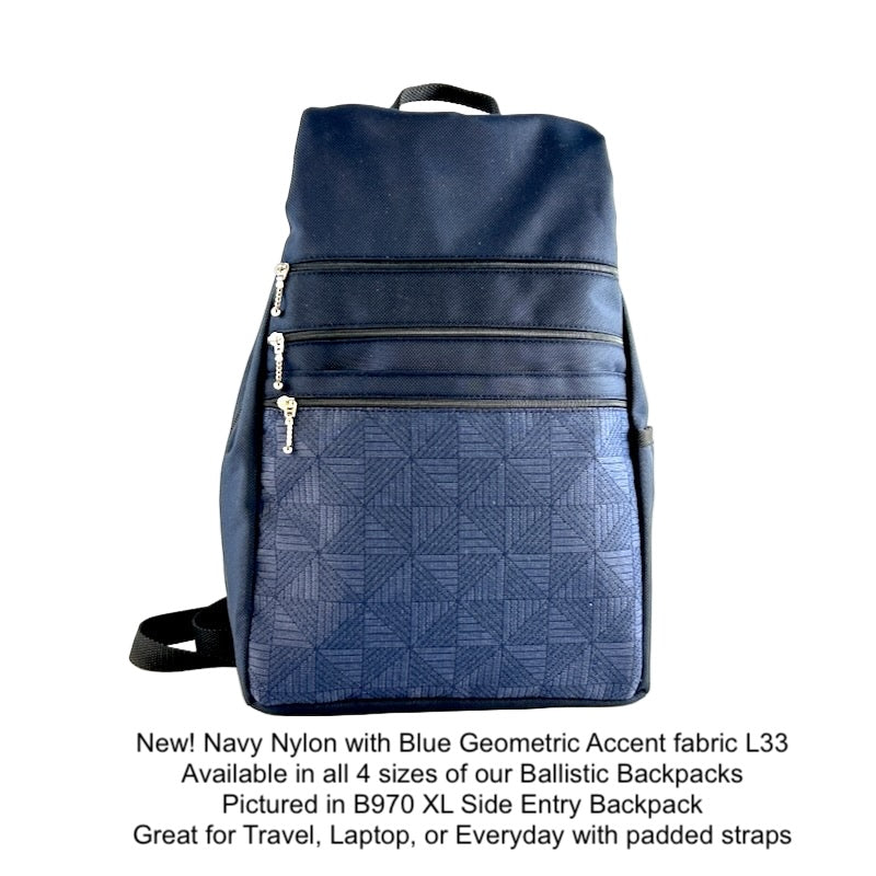 Side Entry Backpack Purses - Water-Resistant Navy Ballistic Nylon-4 Sizes with Fabric Accent Pockets