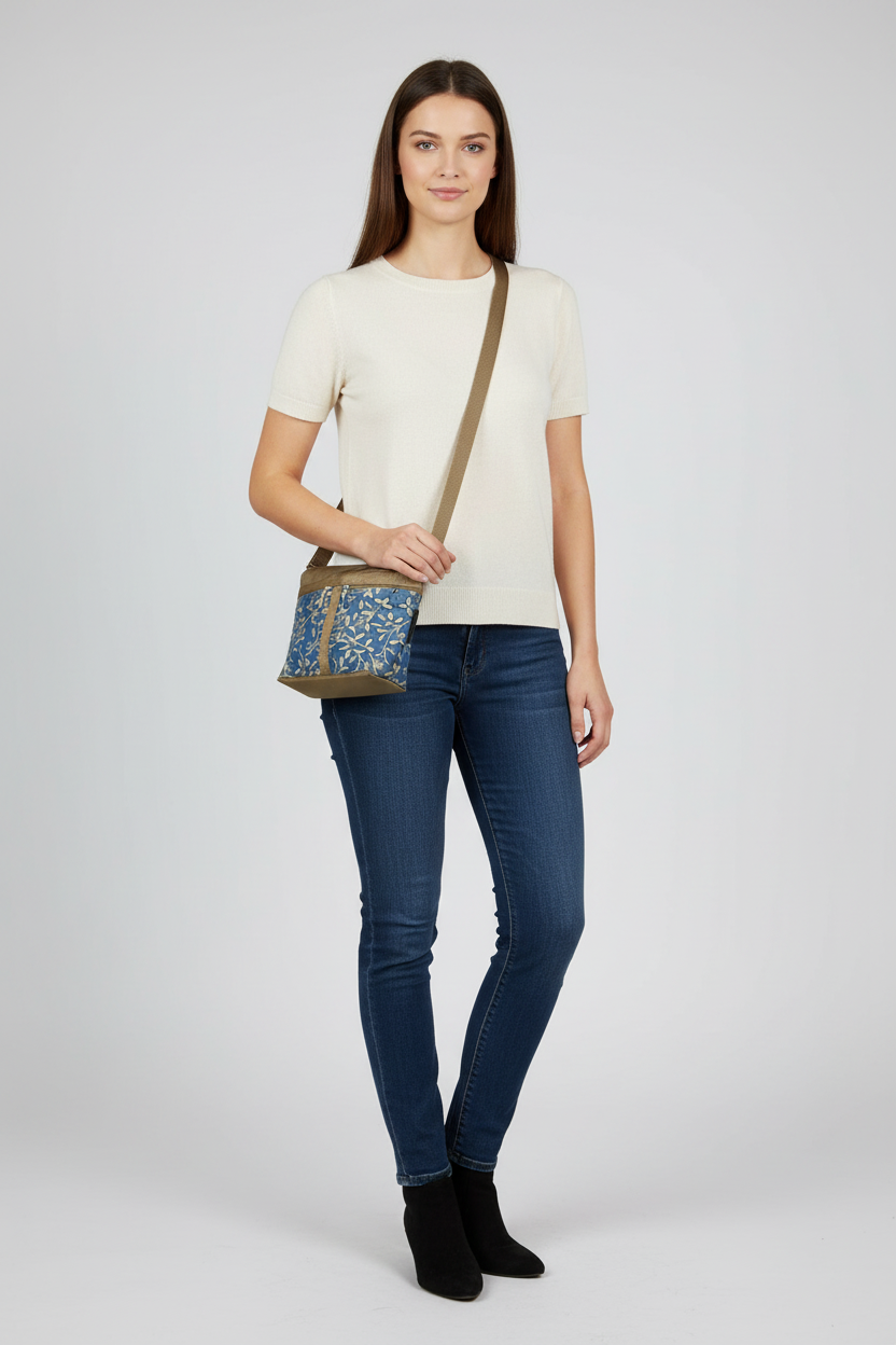 221L khaki crossbody purse shown on 5'8" person