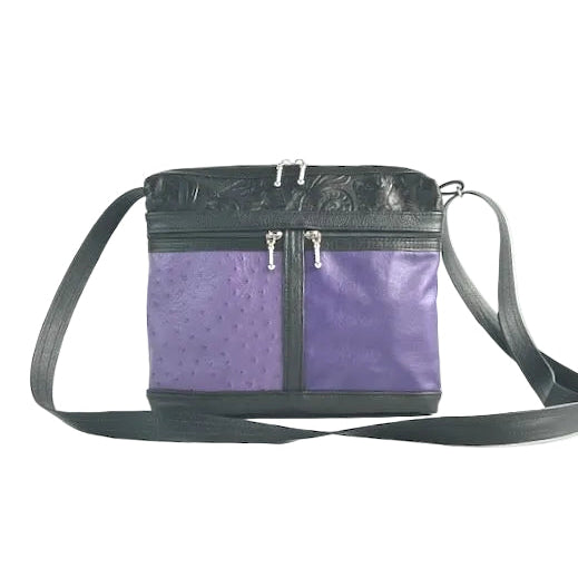 Purple and black leather crossbody bag owith organizer ockets