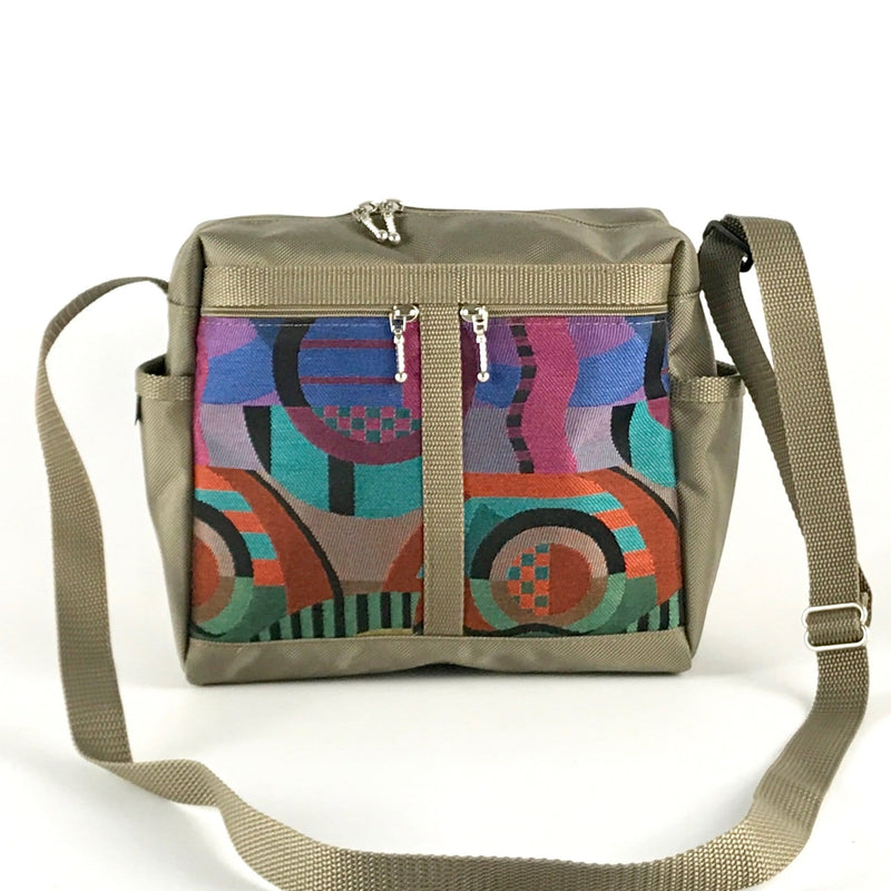 106 Medium Messenger Bag Purse in Khaki Nylon with Fabric Accent Pockets