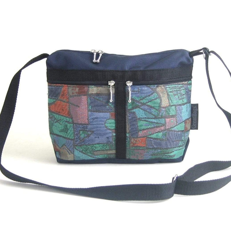 221L Navy snylon mall organizer purse with fabric accent pockets