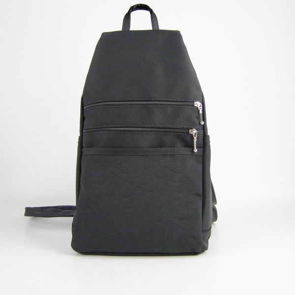 747-BL Medium Back Entry Backpack in Black Nylon with Fabric Accent
