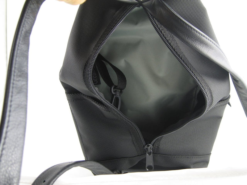 747-BL Medium Back Entry Backpack in Black Nylon with Fabric Accent