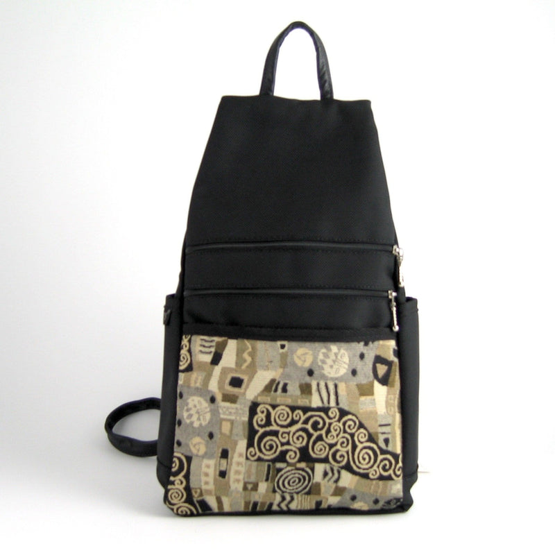 747-BL Medium Back Entry Backpack in Black Nylon with Fabric Accent