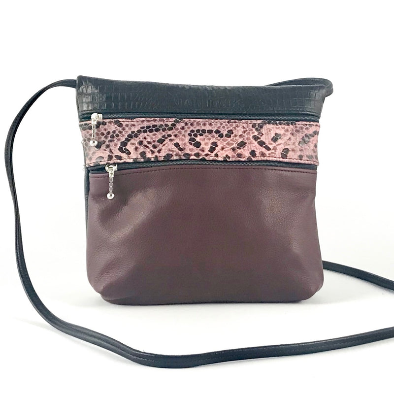Wide 3 zipper Leather Crossbody Travel Purse #86