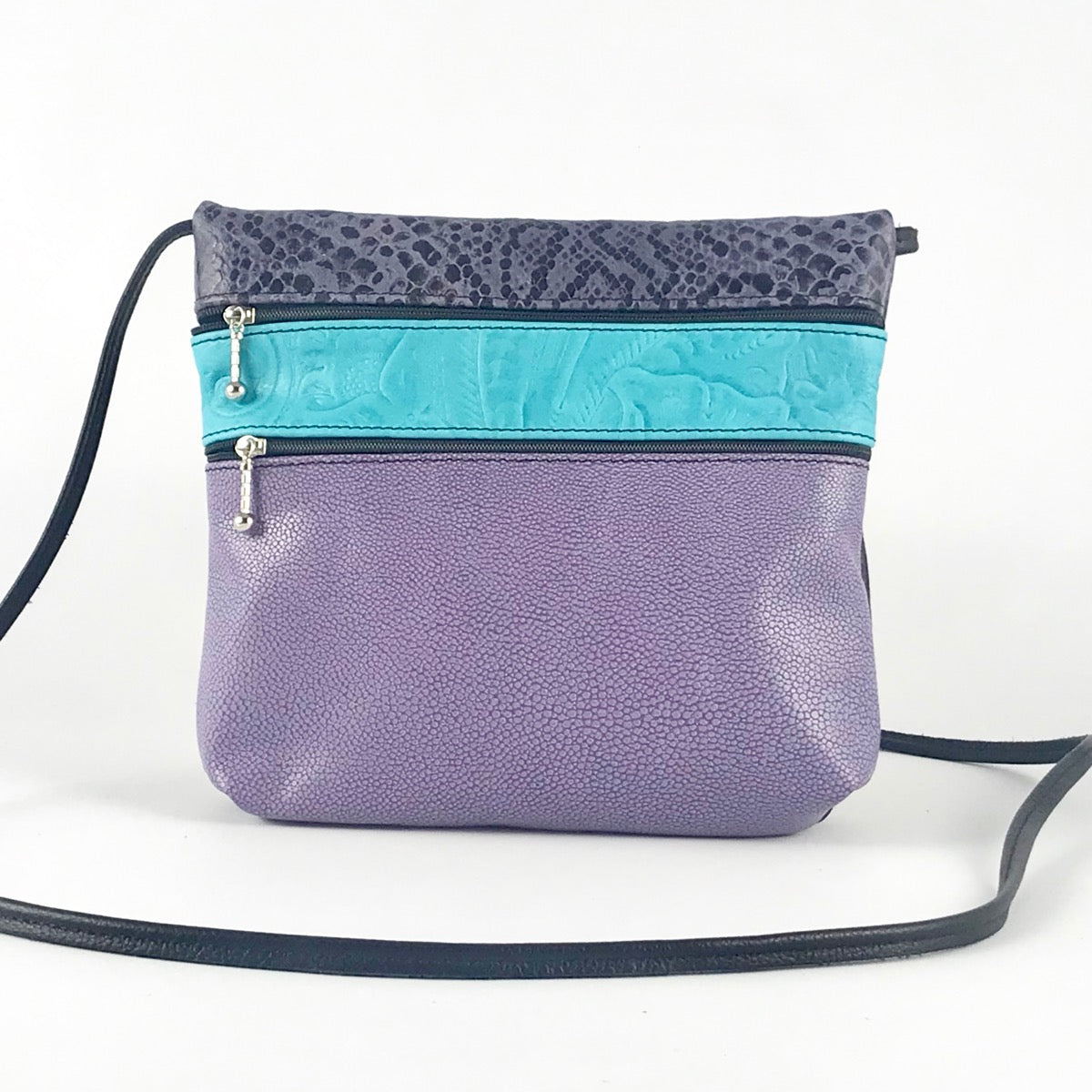 Wide 3 zipper Leather Crossbody Travel Purse #86 lav-pursnk-tqfl