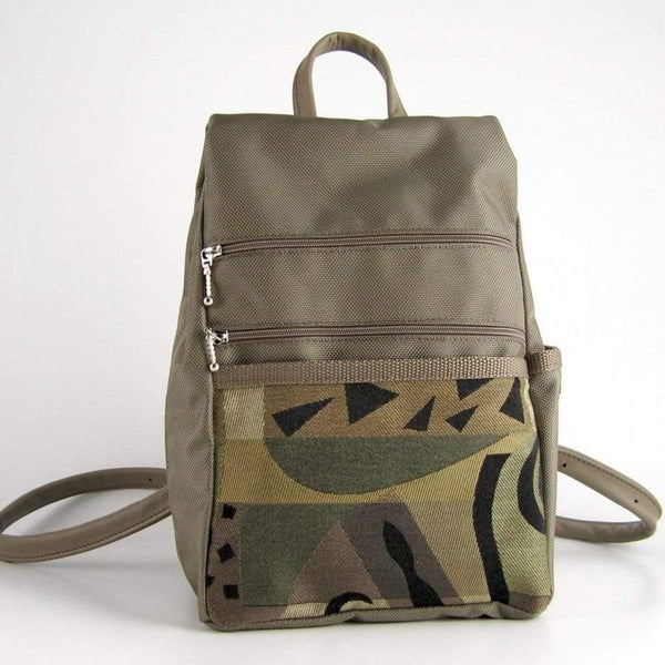 B968-KH Medium Side Entry Backpack in Khaki Beige Nylon with Fabric Accent Pocket