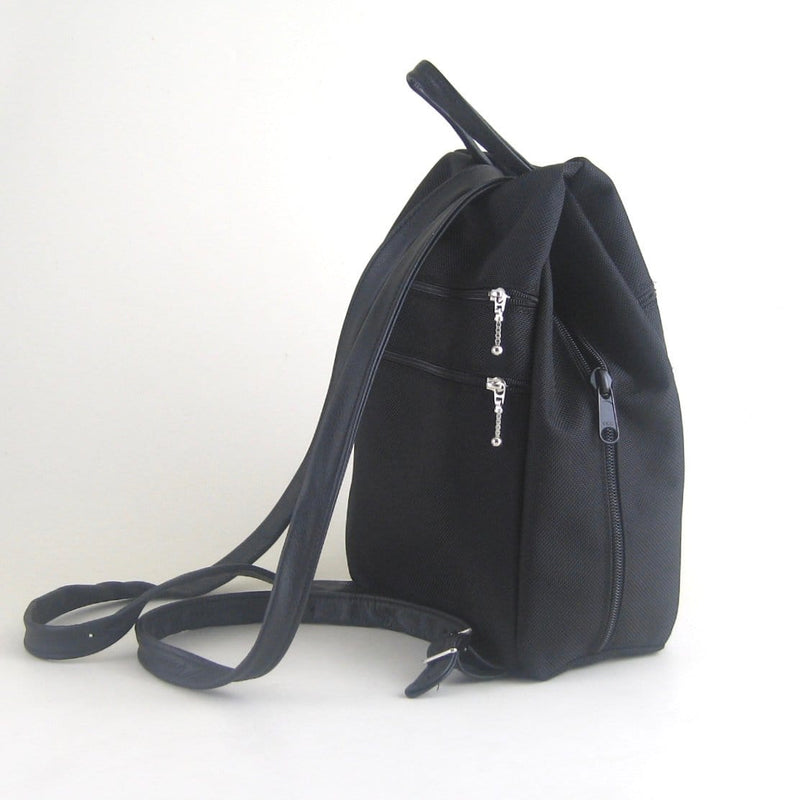 B968-BL Medium Side Entry Backpack in Black Nylon with Fabric Accent P –  GreatBags & Maple Leather