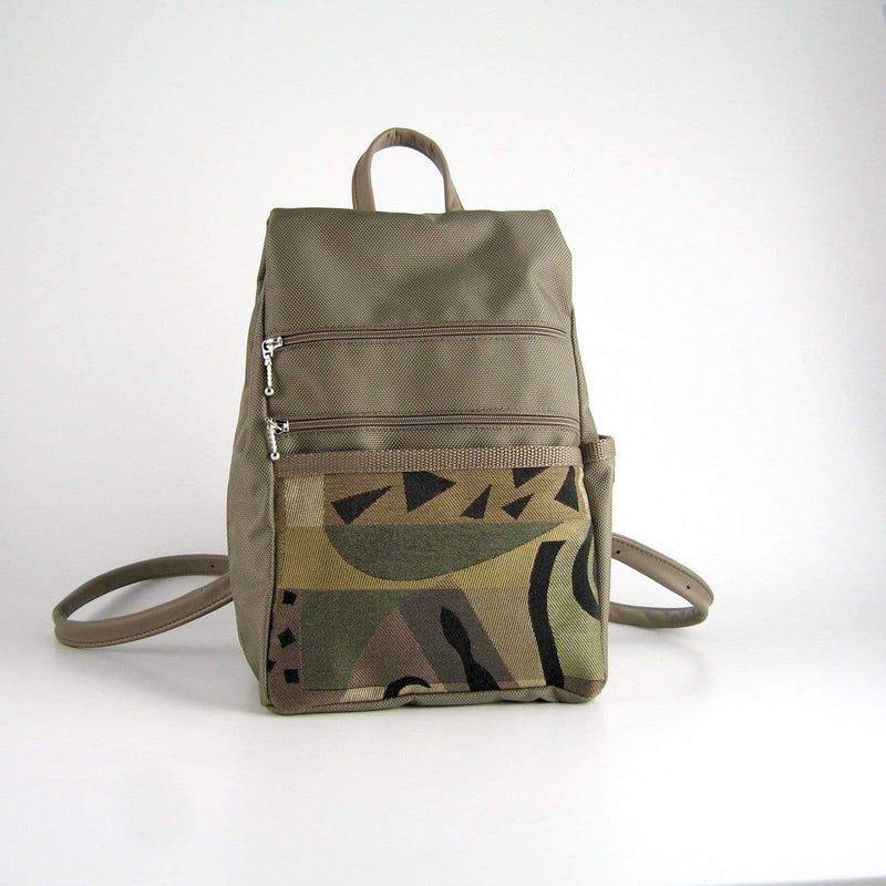 B967-KH Small Side Entry Backpack in Khaki nylon with Fabric Accent Pocket