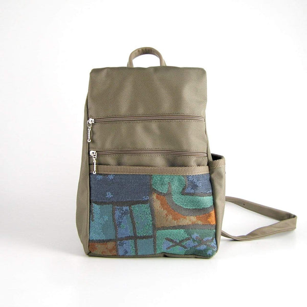 B967-KH Small Side Entry Backpack in Khaki nylon with Fabric Accent Pocket