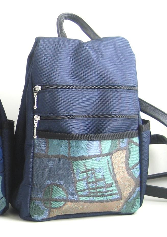 B967-NV SMALL Side Entry Backpack in Navy Nylon with Fabric Accent Pocket