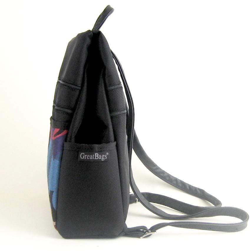 B968-BL Medium Side Entry Backpack in Black Nylon with Fabric Accent Pocket