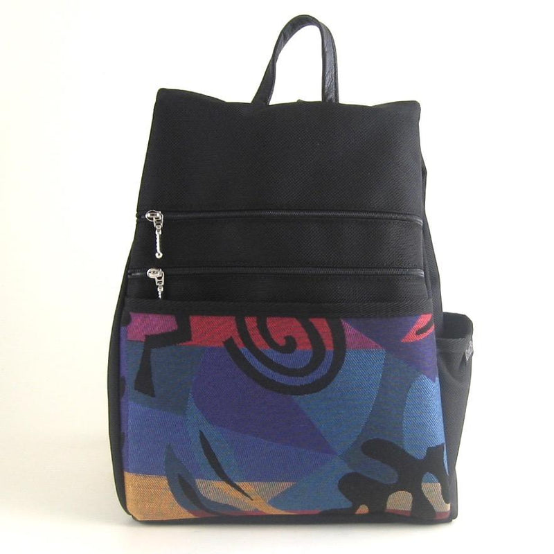 B968-BL Medium Side Entry Backpack in Black Nylon with Fabric Accent Pocket