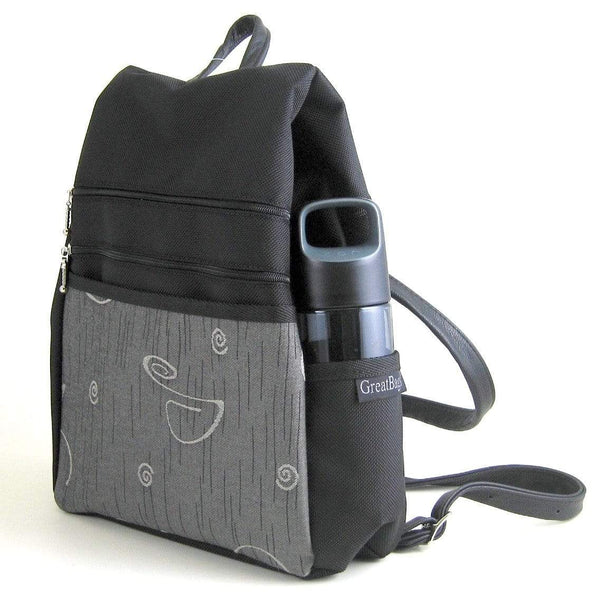B968-BL Medium Side Entry Backpack in Black Nylon with Fabric Accent Pocket