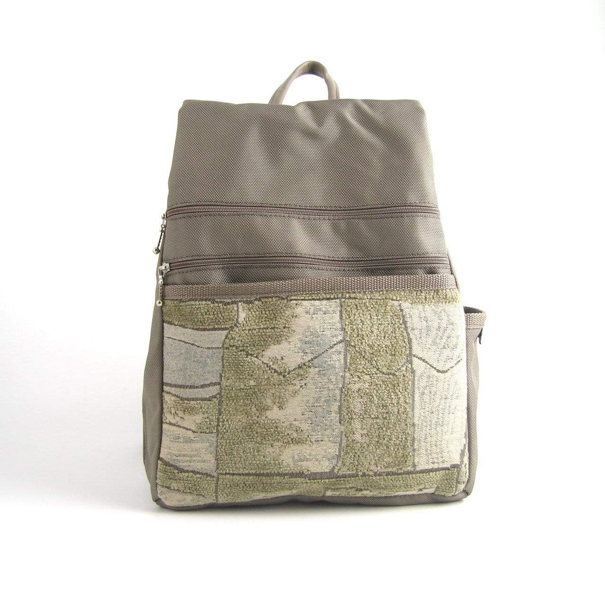B968-KH Medium Side Entry Backpack in Khaki Beige Nylon with Fabric Accent Pocket