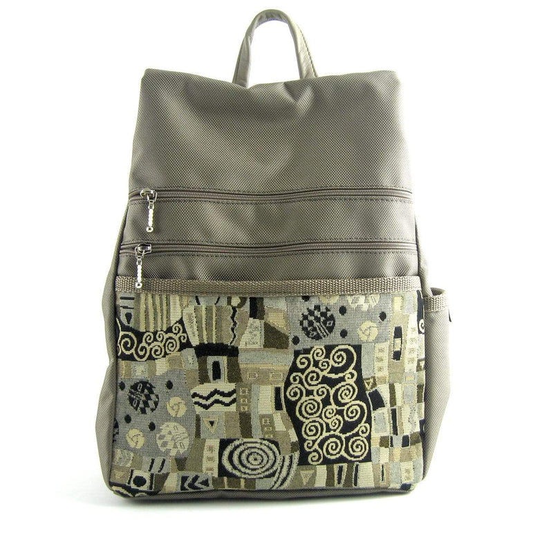 B968-KH Medium Side Entry Backpack in Khaki Beige Nylon with Fabric Accent Pocket