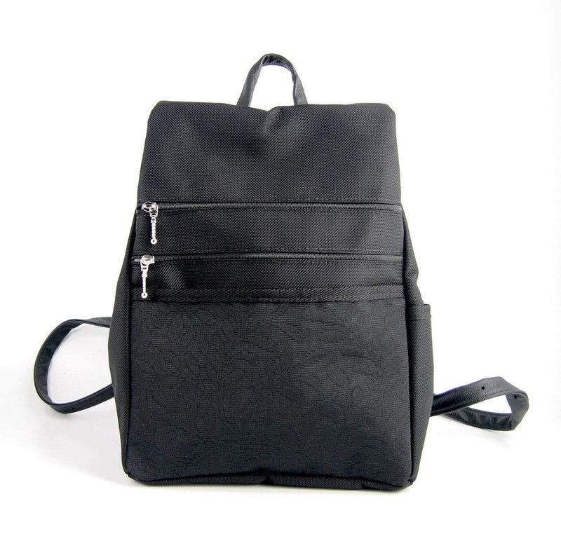 B968-BL Medium Side Entry Backpack in Black Nylon with Fabric Accent Pocket
