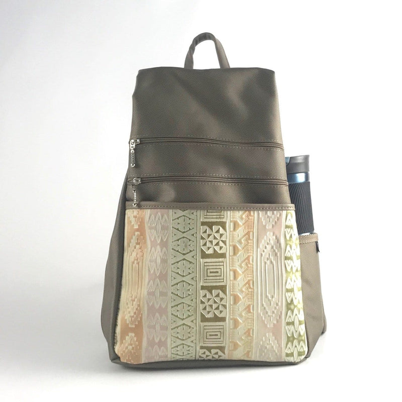 B969L-KH  Large Side Entry Backpack in Khaki Nylon with Leather Accent pocket