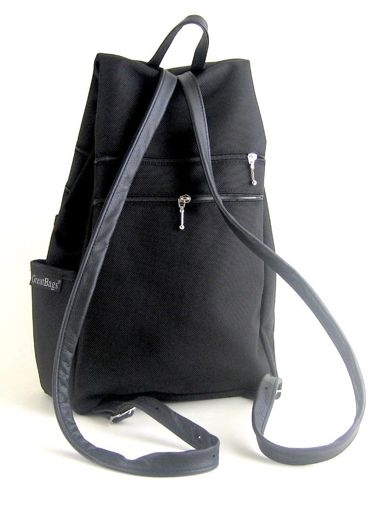 B969-BL Large Side Entry Backpack in Black Nylon with Fabric Accent