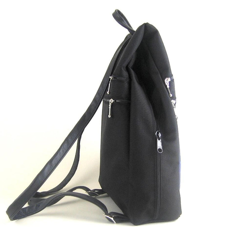 B969-BL Large Side Entry Backpack in Black Nylon with Fabric Accent