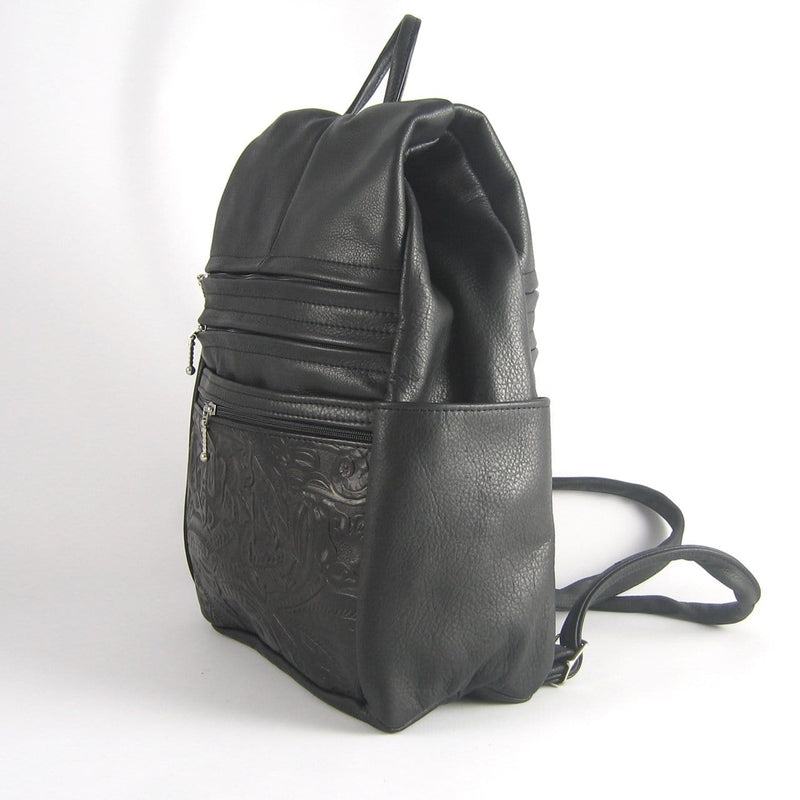 black large double zip leather backpack 969JW Large Side Entry Leather Backpack with extra zipper and Leather Accent pocket