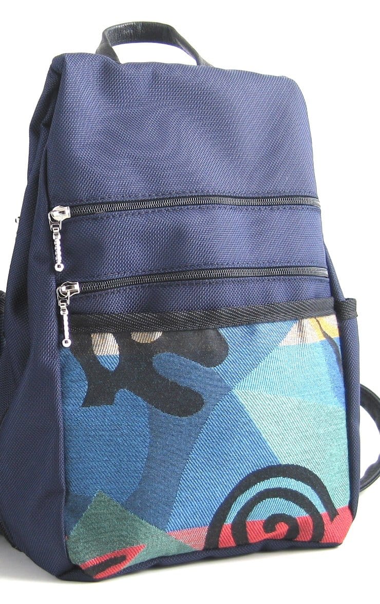 B967-NV SMALL Side Entry Backpack in Navy Nylon with Fabric Accent Pocket