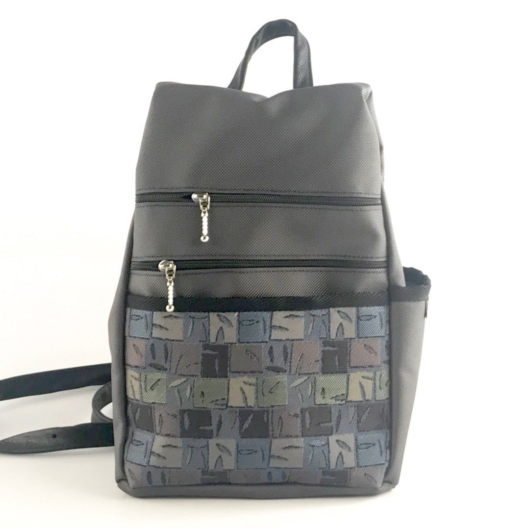 B968-GR Medium Side Entry Backpack in Gray Nylon with Fabric Accent Pocket