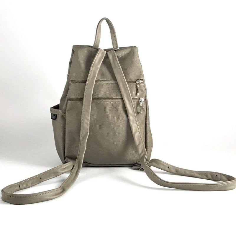 B968-KH Medium Side Entry Backpack in Khaki Beige Nylon with Fabric Accent Pocket