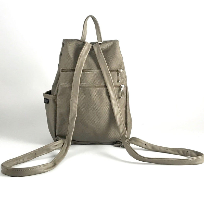 B969L-KH  Large Side Entry Backpack in Khaki Nylon with Leather Accent pocket