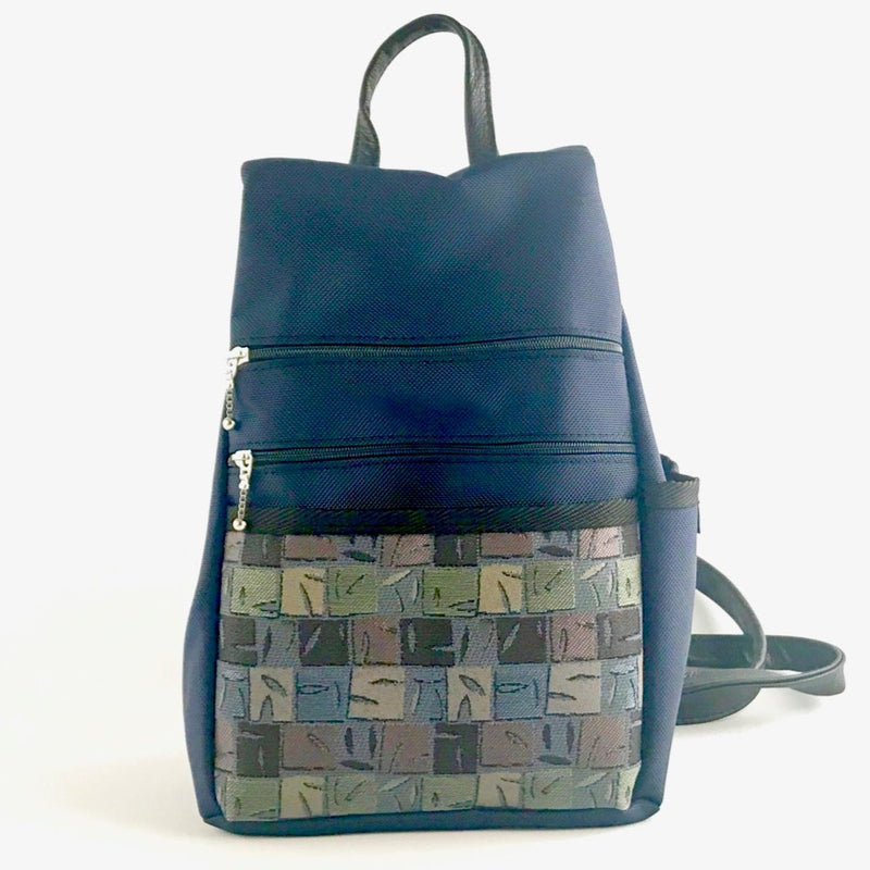 B968-NV Medium Side Entry Backpack in Navy Nylon with Fabric Accent Pocket