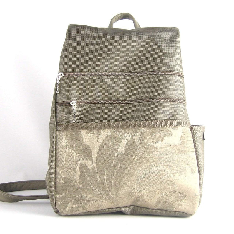 B968-KH Medium Side Entry Backpack in Khaki Beige Nylon with Fabric Accent Pocket