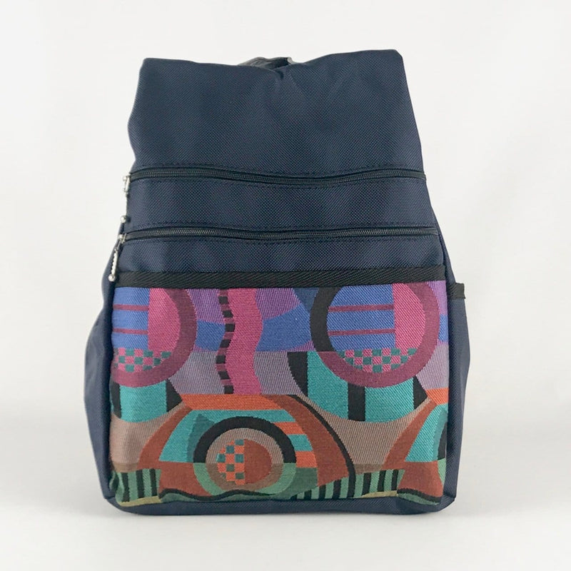 B968-NV Medium Side Entry Backpack in Navy Nylon with Fabric Accent Pocket