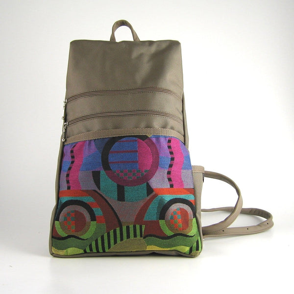 B969-KH  Large Side Entry Backpack in Khaki Nylon with Fabric Accent pocket