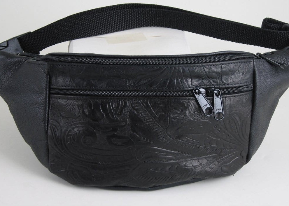 black leather fanny pack with floral tooled accent pocket ,  made in usa