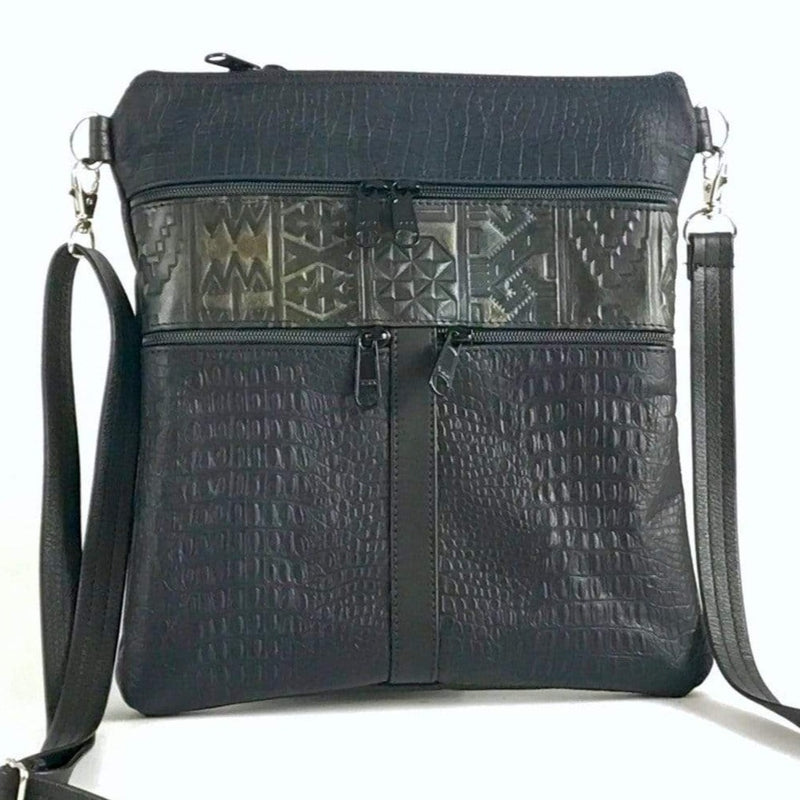 Navy lizard embossed cowhide crossbody purse Large Maggie with purple aztec accent strip  from greatbags.com